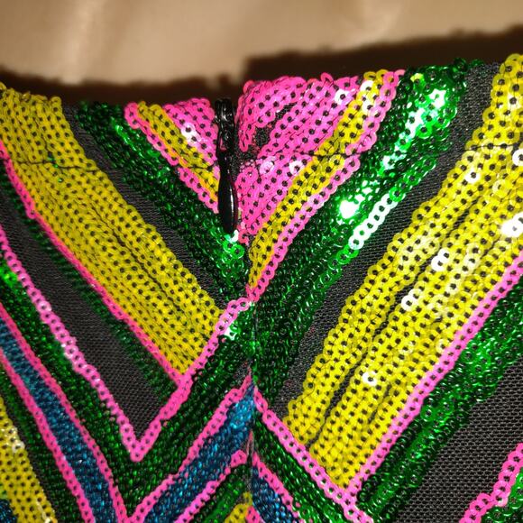 Sexy Multicolor Sequin Mini Dress Plunging Halter 1XL Open Back Retro Club Party - Picture 9 of 16